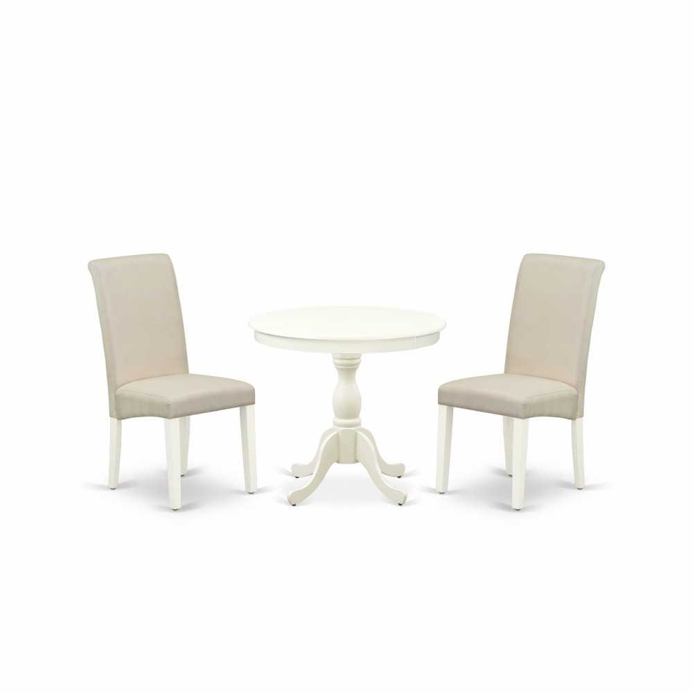 3 Pc Dining Set, 1 Pedestal Table, 2 Cream Chairs, High Back, Linen White Finish