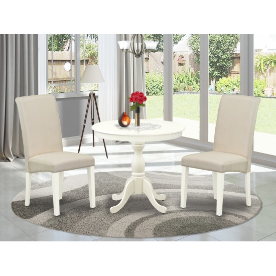 3 Pc Dining Set, 1 Pedestal Table, 2 Cream Chairs, High Back, Linen White Finish