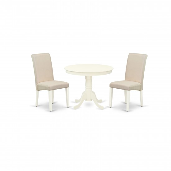 3Pc Dinette Set, Small Rounded Kitchen Table, Two Parson Chairs, Cream Fabric, Linen White Finish