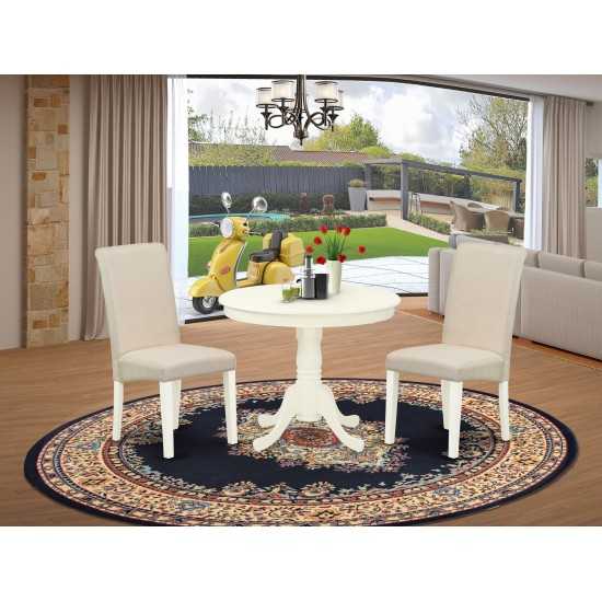 3Pc Dinette Set, Small Rounded Kitchen Table, Two Parson Chairs, Cream Fabric, Linen White Finish