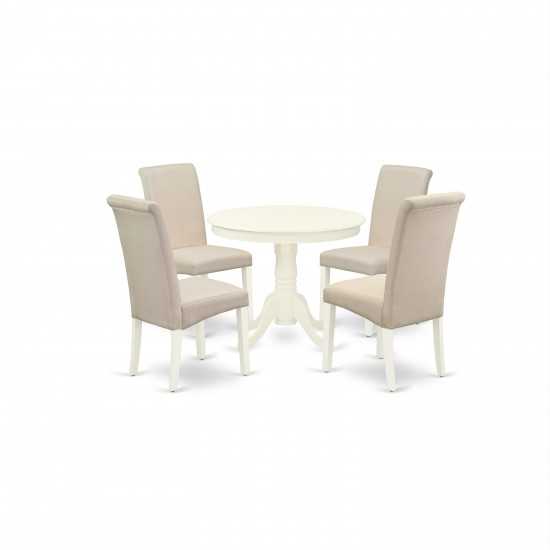 5Pc Dining Set, Small Round Dinette Table, Four Parson Chairs, Cream Fabric, Linen White Finish