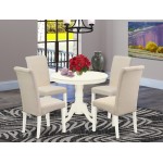 5Pc Dining Set, Small Round Dinette Table, Four Parson Chairs, Cream Fabric, Linen White Finish