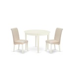 3Pc Dinette Set, Small Rounded Kitchen Table, Two Parson Chairs, Cream Fabric, White Finish