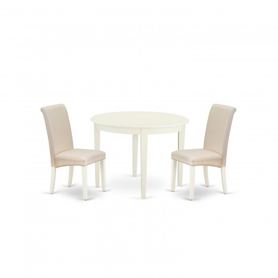 3Pc Dinette Set, Small Rounded Kitchen Table, Two Parson Chairs, Cream Fabric, White Finish