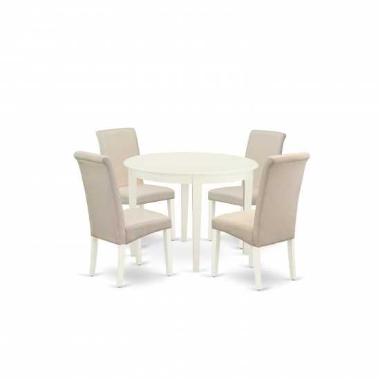 5Pc Dining Set, Small Round Dinette Table, Four Parson Chairs, Cream Fabric, White Finish