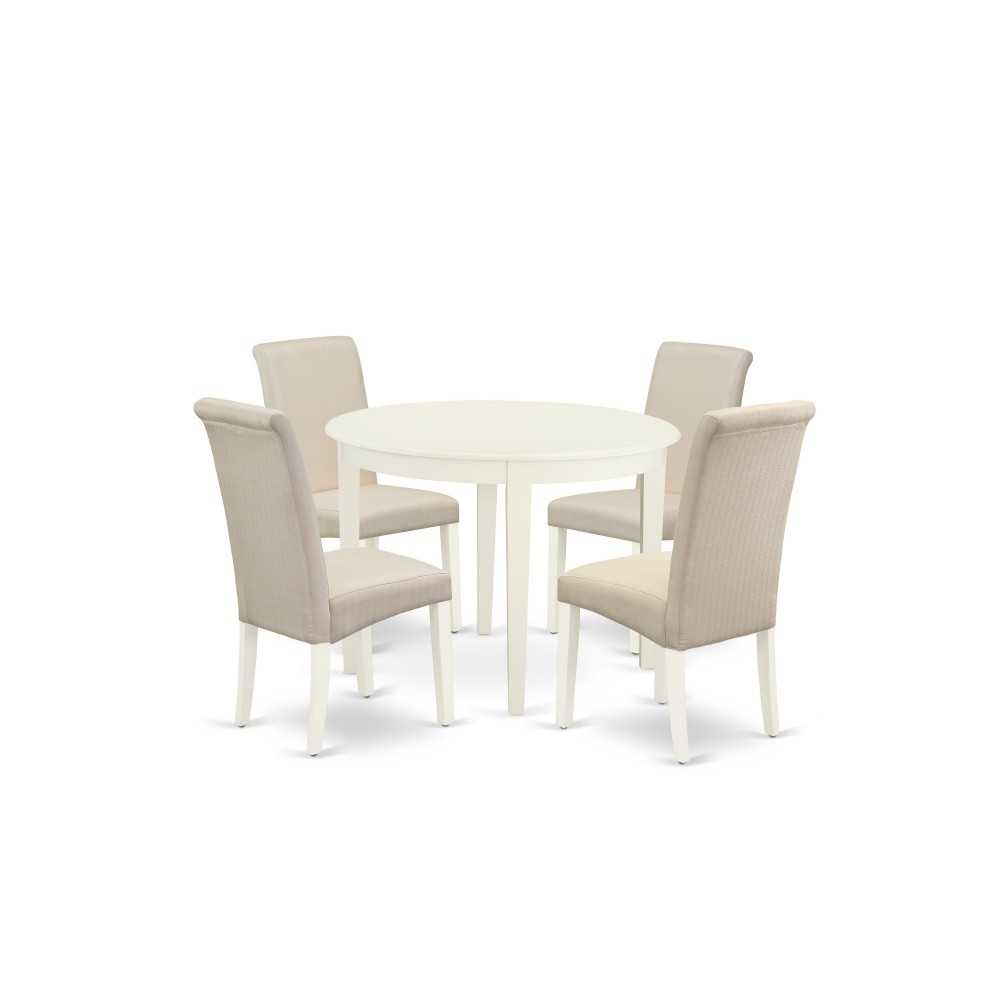 5Pc Dining Set, Small Round Dinette Table, Four Parson Chairs, Cream Fabric, White Finish 5Pc Dining Set, Small Round Dinette Table, Four Parson Chairs, Cream Fabric, White Finish
