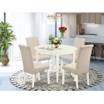 5Pc Dining Set, Small Round Dinette Table, Four Parson Chairs, Cream Fabric, White Finish