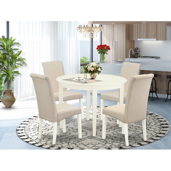 5Pc Dining Set, Small Round Dinette Table, Four Parson Chairs, Cream Fabric, White Finish