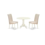 3Pc Dinette Set, Small Rounded Kitchen Table, Drop Leaves, Two Parson Chairs, Cream Fabric, White