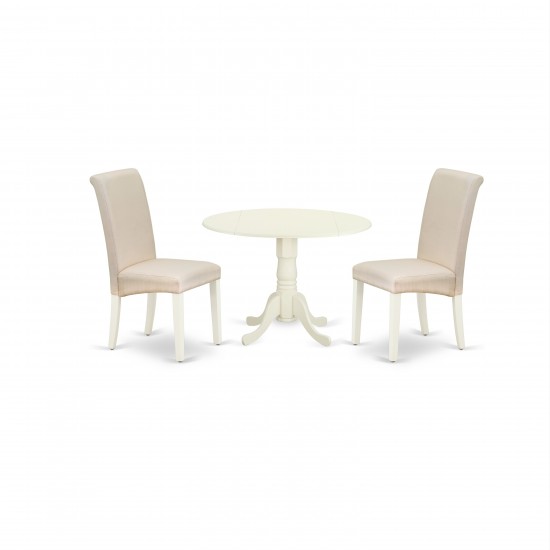 3Pc Dinette Set, Small Rounded Kitchen Table, Drop Leaves, Two Parson Chairs, Cream Fabric, White