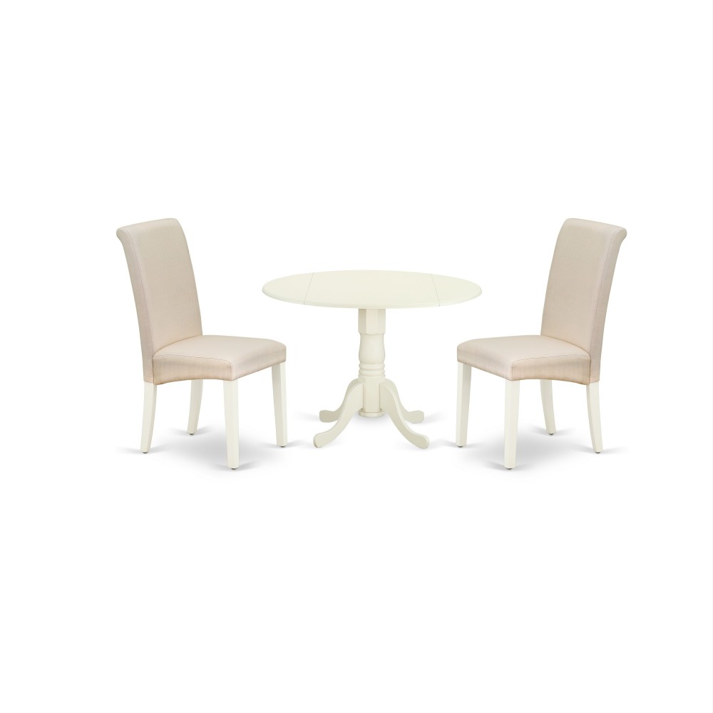 3Pc Dinette Set, Small Rounded Kitchen Table, Drop Leaves, Two Parson Chairs, Cream Fabric, White