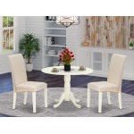 3Pc Dinette Set, Small Rounded Kitchen Table, Drop Leaves, Two Parson Chairs, Cream Fabric, White