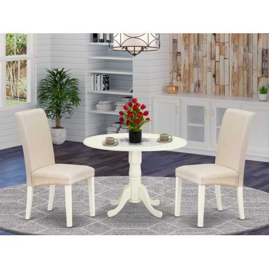 3Pc Dinette Set, Small Rounded Kitchen Table, Drop Leaves, Two Parson Chairs, Cream Fabric, White