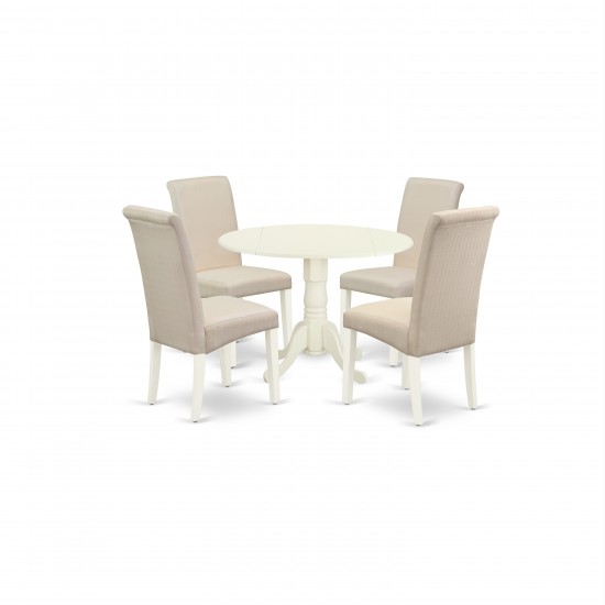 5Pc Dining Set, Small Round Dinette Table, Drop Leaves, Four Parson Chairs, Cream Fabric, White