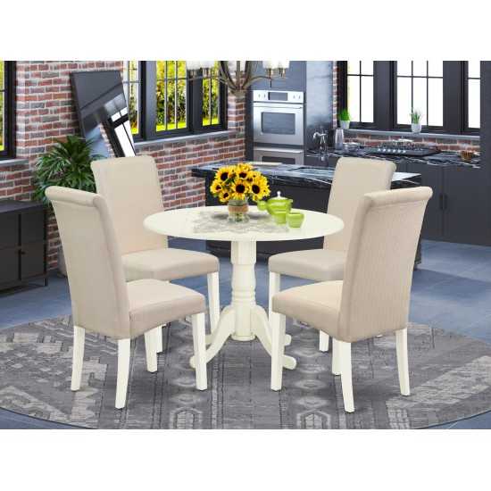 5Pc Dining Set, Small Round Dinette Table, Drop Leaves, Four Parson Chairs, Cream Fabric, White