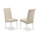 5Pc Dining Set, Small Round Dinette Table, Drop Leaves, Four Parson Chairs, Cream Fabric, White