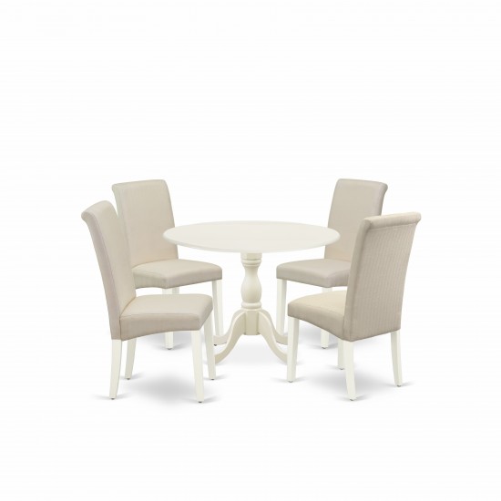 5 Pc Dining Set, 1 Drop Leaves Dining Table, 4 Cream Chair, Linen White Finish