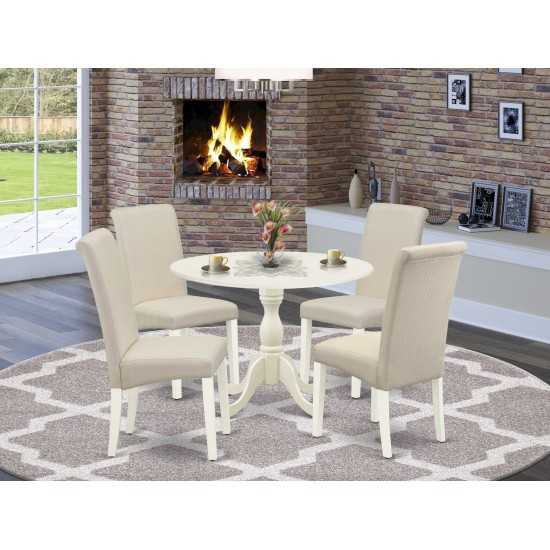 5 Pc Dining Set, 1 Drop Leaves Dining Table, 4 Cream Chair, Linen White Finish