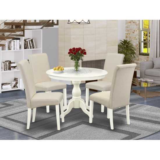 5 Pc Dining Set, Linen White Round Table, 4 Cream Chairs, High Back, Linen White Finish