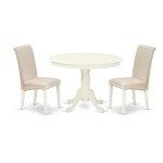 3Pc Dinette Set, Rounded Kitchen Table, Two Parson Chairs, Cream Fabric, Linen White Finish