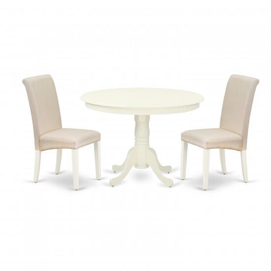 3Pc Dinette Set, Rounded Kitchen Table, Two Parson Chairs, Cream Fabric, Linen White Finish