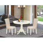 3Pc Dinette Set, Rounded Kitchen Table, Two Parson Chairs, Cream Fabric, Linen White Finish