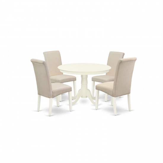 5Pc Dining Set, Round Dinette Table, Four Parson Chairs, Cream Fabric, Linen White Finish