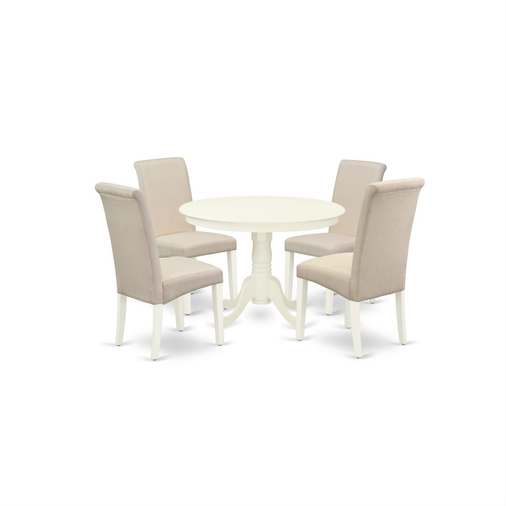 5Pc Dining Set, Round Dinette Table, Four Parson Chairs, Cream Fabric, Linen White Finish