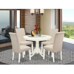 5Pc Dining Set, Round Dinette Table, Four Parson Chairs, Cream Fabric, Linen White Finish