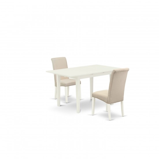 3Pc Dinette Set, 2 Parsons Chairs, Cream Upholstered Seat, Butterfly Leaf Dinette Table, Linen White