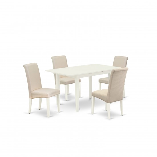 5Pc Dining Set, 4 Upholstered Chairs, Cream Upholstered Seat, Small Rectangle Table, Linen White