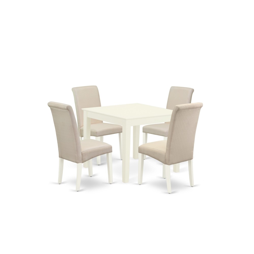 5Pc Dining Set, Square Dinette Table, Four Parson Chairs, Cream Fabric, Linen White Finish