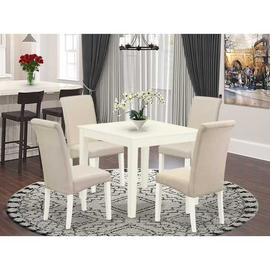 5Pc Dining Set, Square Dinette Table, Four Parson Chairs, Cream Fabric, Linen White Finish