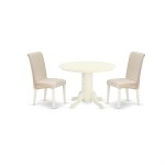 3Pc Dinette Set, Round Dining Table, Two Parson Chairs, Cream Fabric, White Finish