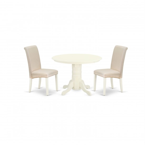 3Pc Dinette Set, Round Dining Table, Two Parson Chairs, Cream Fabric, White Finish