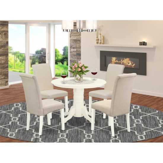 5Pc Dining Set, Round Room Table, Four Parson Chairs, Cream Fabric, White Finish