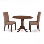 3Pc Small Round Table, Linen Brown Fabric Parson Chairs, Mahogany Chair Legs