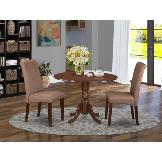 3Pc Small Round Table, Linen Brown Fabric Parson Chairs, Mahogany Chair Legs