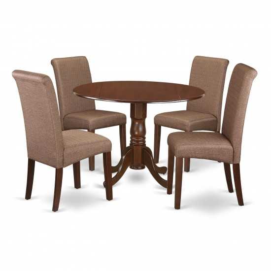 5Pc Small Round Table, Linen Brown Fabric Parson Chairs, Mahogany Chair Legs