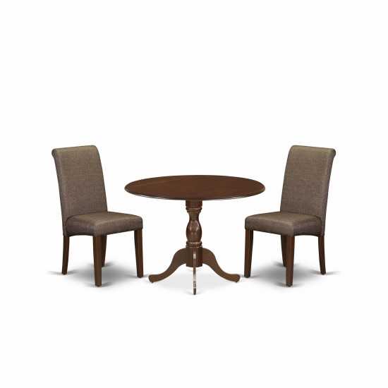 3 Pc Dinette Sets, 1 Drop Leaves Table, 2 Brown Upholstered Chairs, Mahogany