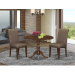 3 Pc Dinette Sets, 1 Drop Leaves Table, 2 Brown Upholstered Chairs, Mahogany