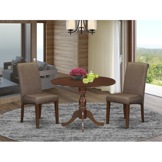 3 Pc Dinette Sets, 1 Drop Leaves Table, 2 Brown Upholstered Chairs, Mahogany