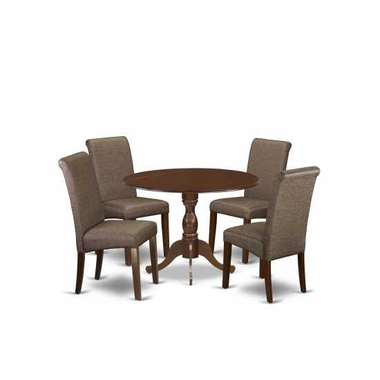 5 Pc Dining Set, 1 Drop Leaves Kitchen Table, 4 Brown Chair, Mahogany