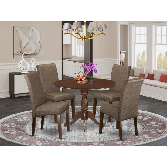 5 Pc Dining Set, 1 Drop Leaves Kitchen Table, 4 Brown Chair, Mahogany