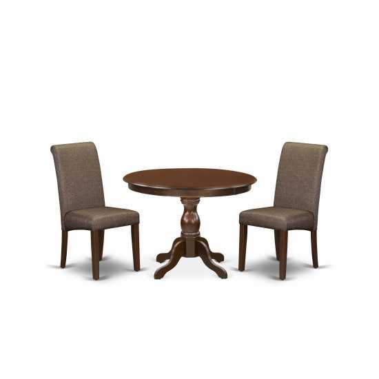 3 Pc Table, Chairs Dining Set, Mahogany Wood Dining Table, 2 Brown Faux Leather Dining Chairs, High Back, Mahogany