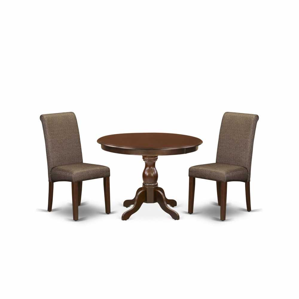 3 Pc Table, Chairs Dining Set, Mahogany Wood Dining Table, 2 Brown Faux Leather Dining Chairs, High Back, Mahogany