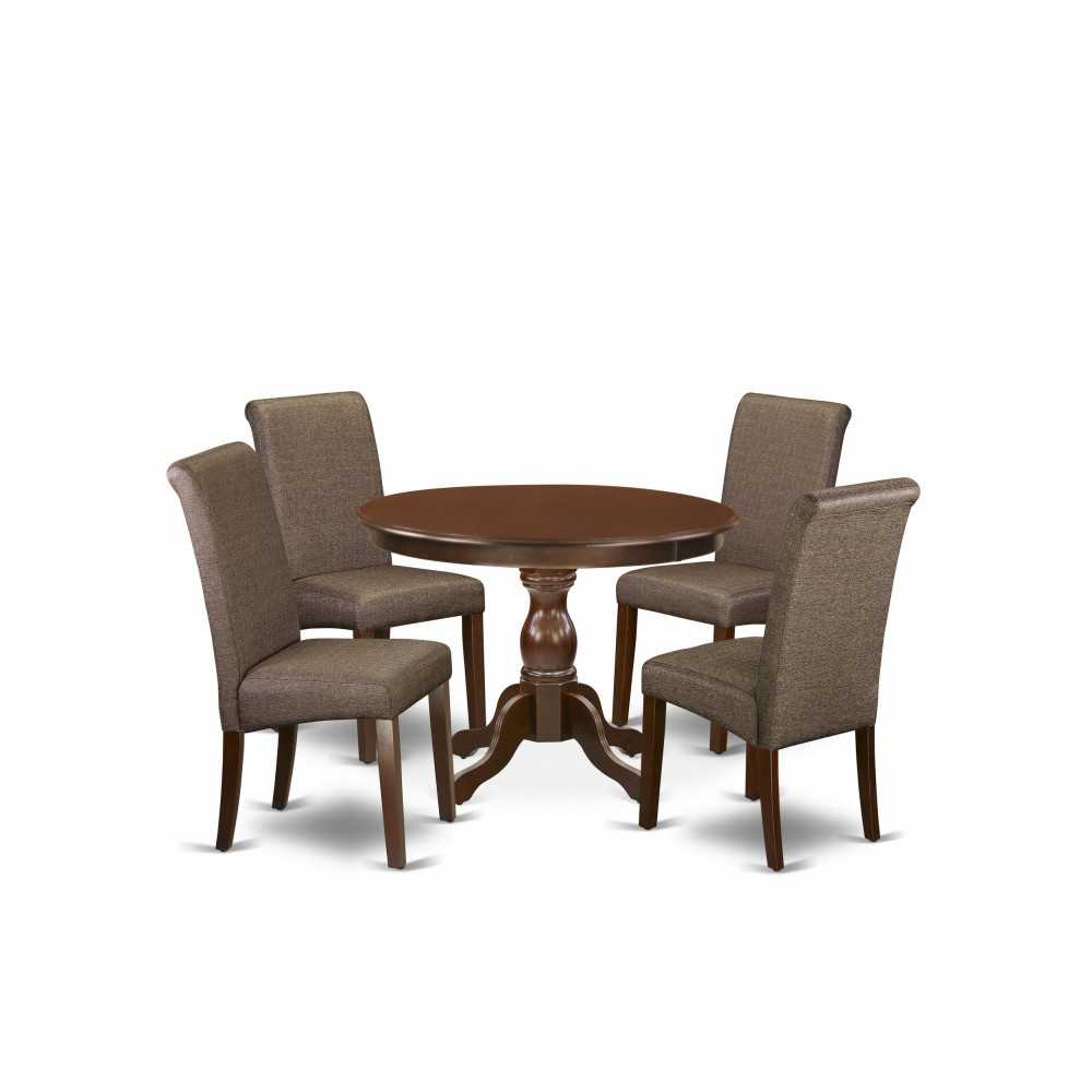 5 Pc Dining Set, Mahogany Wood Table, 4 Brown Faux Leather Chairs, High Back, Mahogany Finish