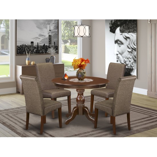 5 Pc Dining Set, Mahogany Wood Table, 4 Brown Faux Leather Chairs, High Back, Mahogany Finish