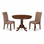 3Pc Small Round Table, Linen Brown Fabric Dining Chairs, Mahogany Chair Legs