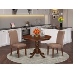 3Pc Small Round Table, Linen Brown Fabric Dining Chairs, Mahogany Chair Legs